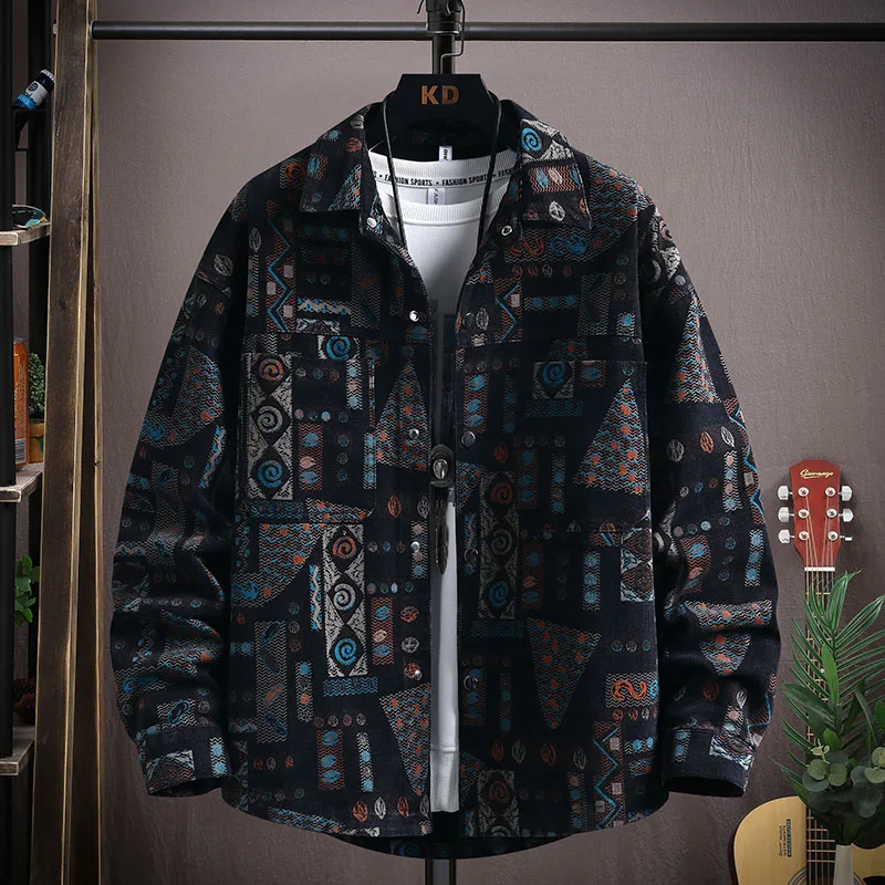 2026 Spring Autumn New Ethnic Style Printed Denim Jacket Men'S Trendy Loose Versatile Comfortable Casual Long-Sleeved Jacket