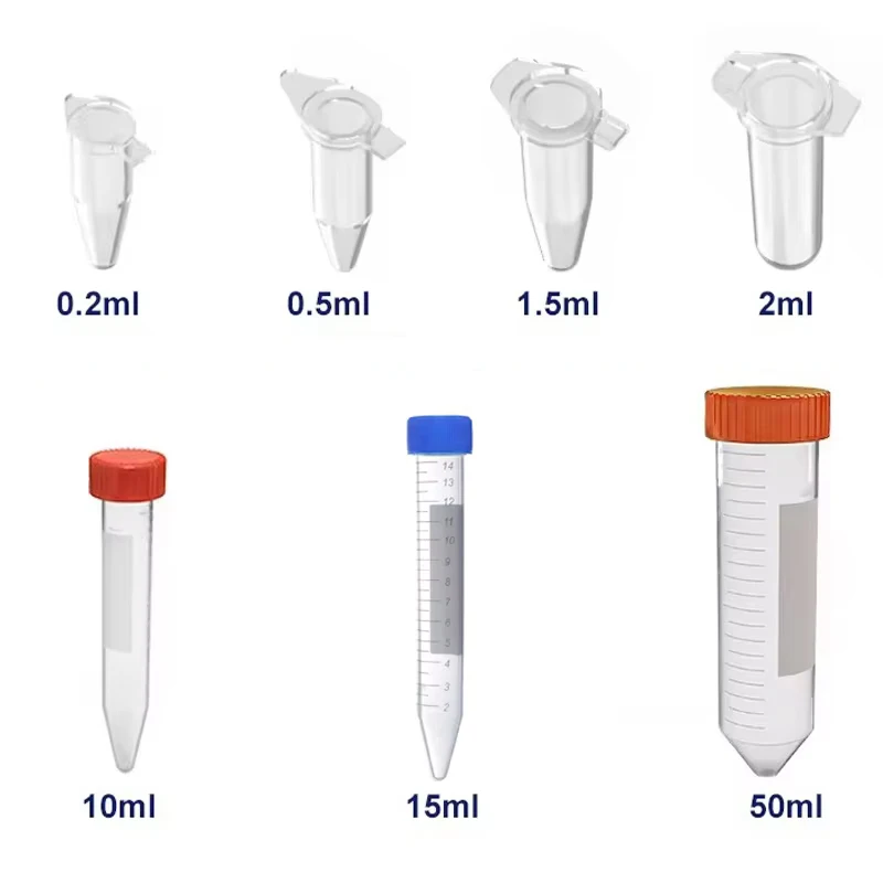 Tubo de centrífuga de plástico pcr, recipiente de laboratório de amostra, 0.2ml 0.5ml 1.5ml 2ml 10ml 15ml 50ml com tampa de pressão/tampa de parafuso micro escala
