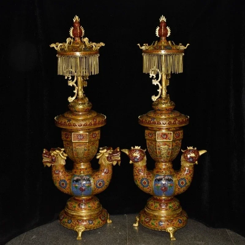 Pure copper cloisonne filigree dragon and phoenix palace lantern incense burner ornament