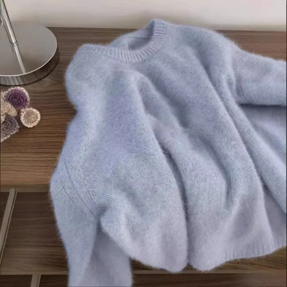 

High-End Soft And Fluffy Raccoon Fur Round Neck Sweater For Women, Winter Thickened Lazy Style, Fufu Inner Knitwear Top