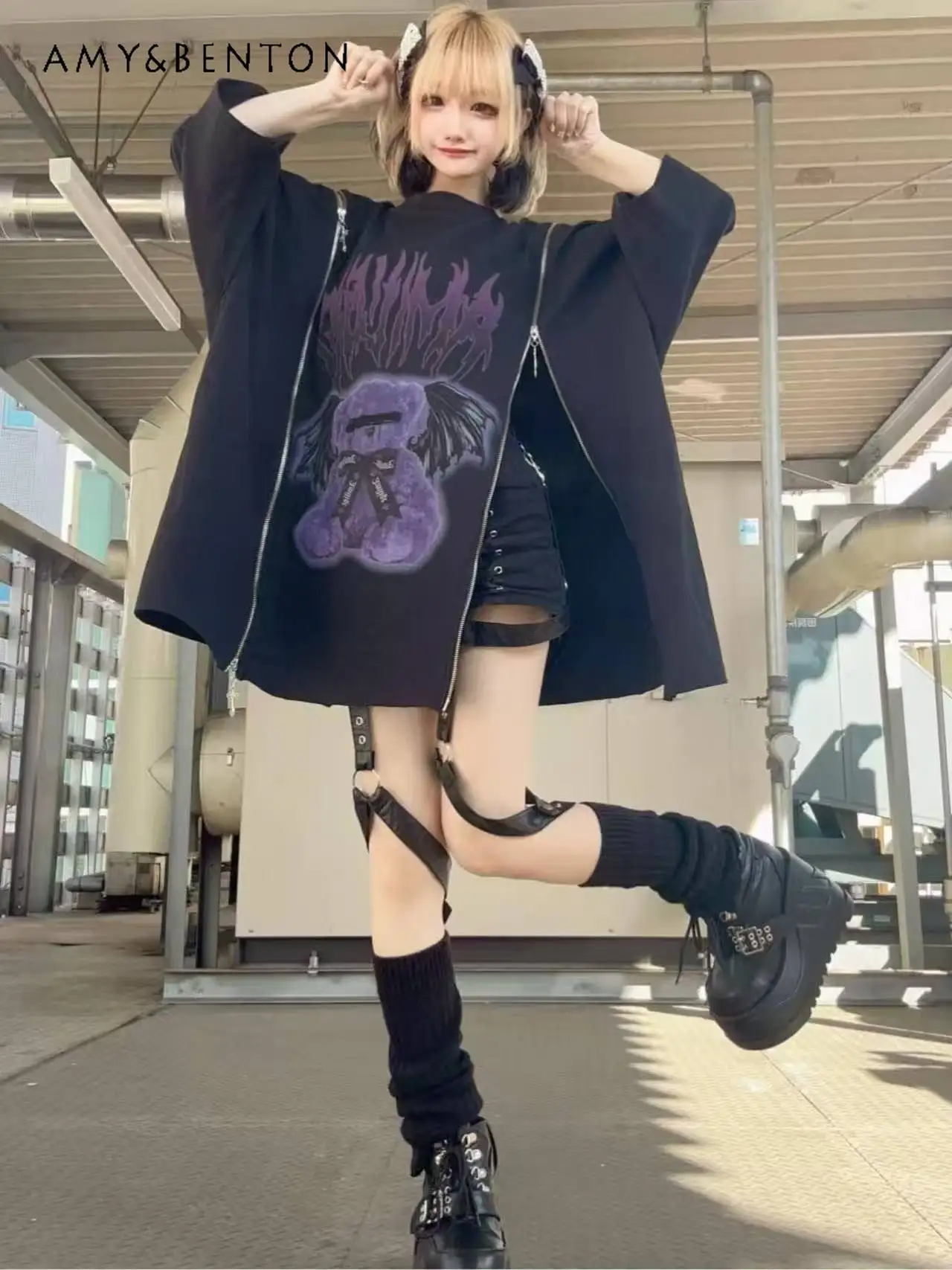 ثقافة فرعية الصليب زيبر الخفافيش كم الكرتون طباعة فستان كبير الحجم للنساء القوطي الشرير نمط تي شيرت تنورة الألغام سلسلة فستان قصير