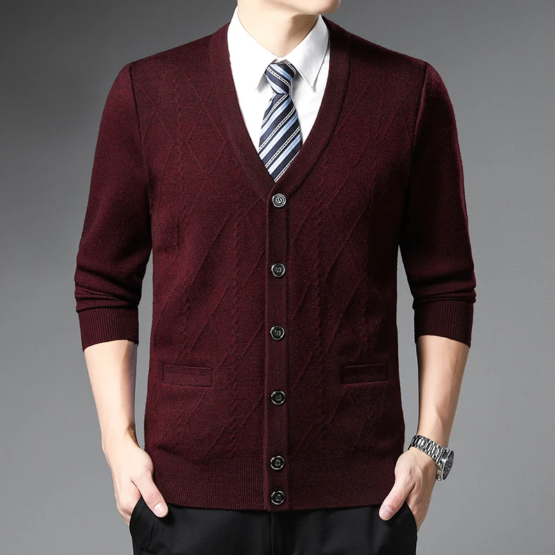 New Autumn Men\'s Cardigan  Plaid Fashion Business Casual Knitted Sweater Warm V-neck Sweater