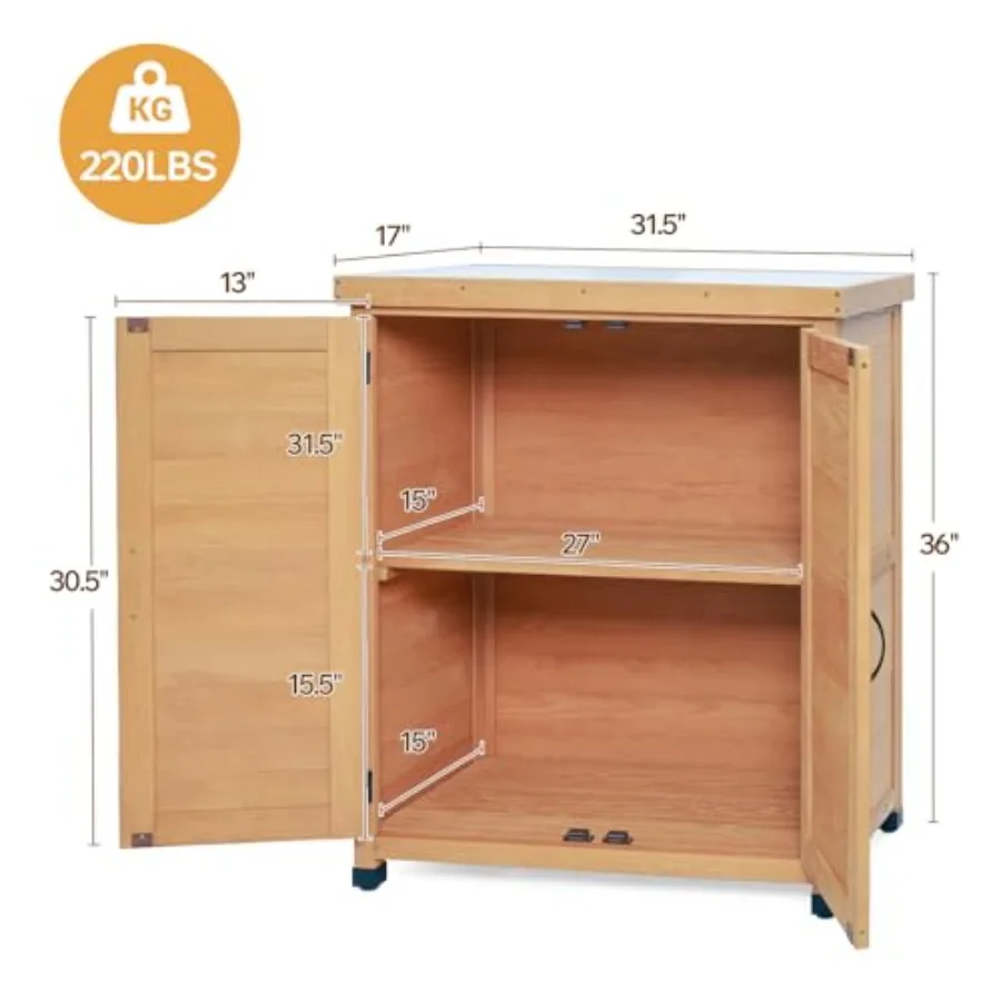 Potting Bench with Storage Cabinet and Metal Table Top for Outdoor Patio Garden Work Station Table Solid Wood X-Shape Design Li