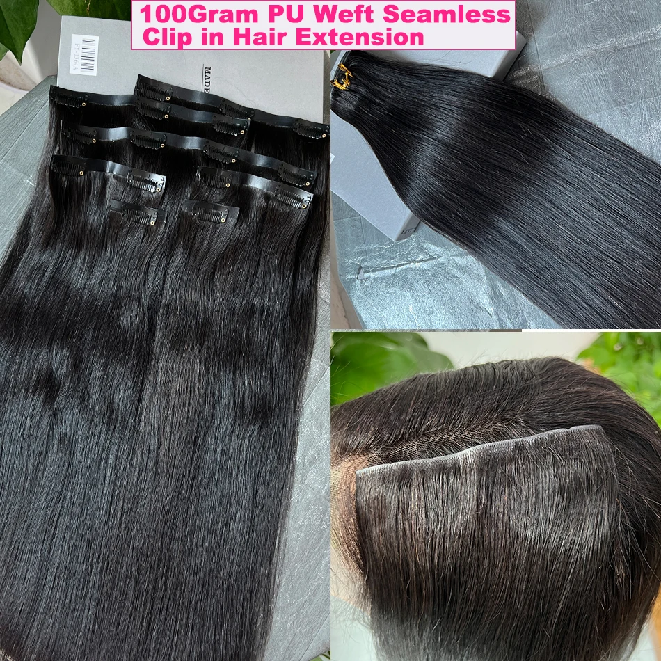 Clip natural recto 4C en extensión de cabello trama de PU 100% cabello humano crudo real sin costuras sin procesar 100g 7 unids/set