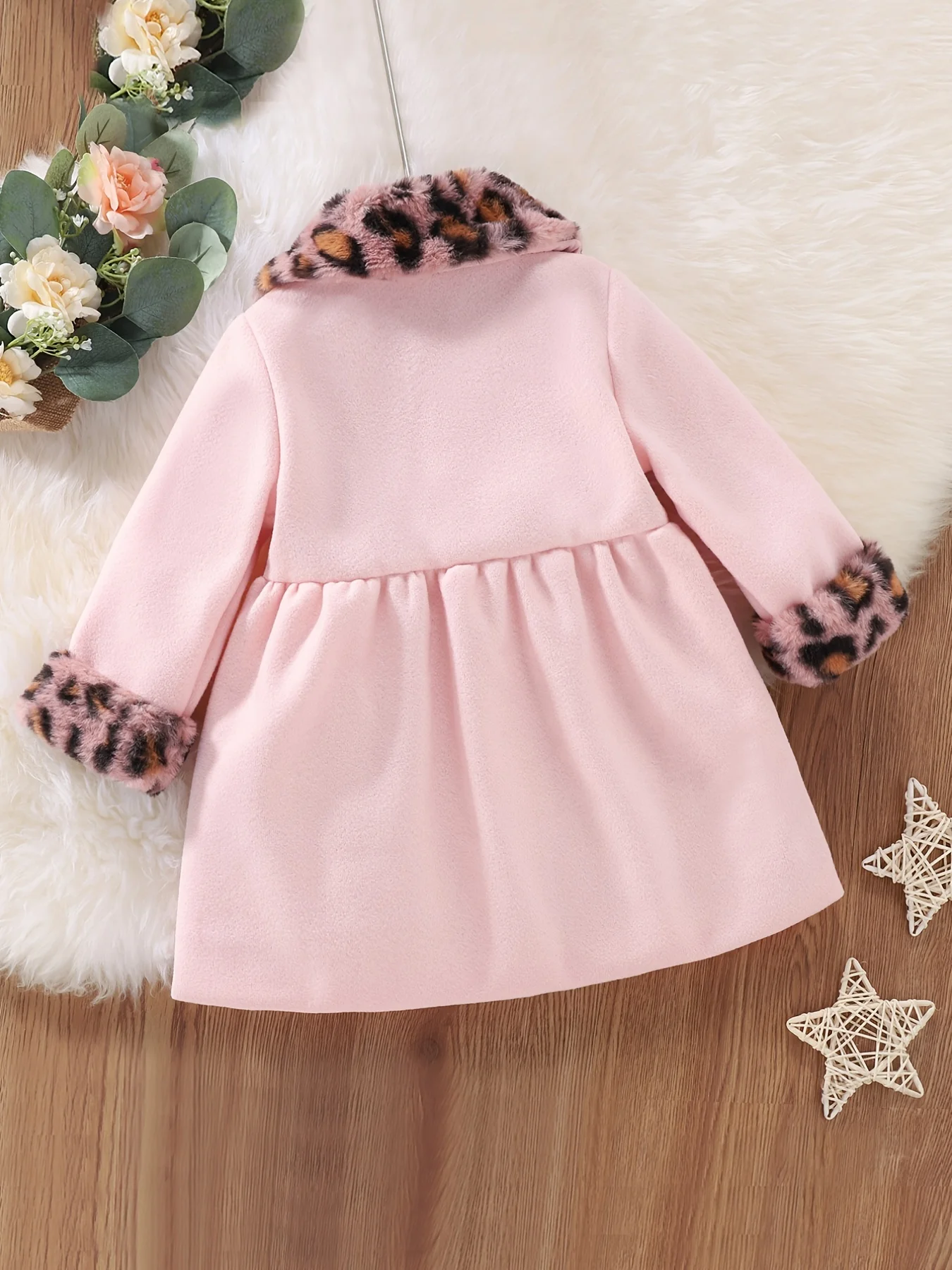 Girls Autumn Winter Casual Solid Color Leopard Print Fur Collar Button-Up Coat for Babies