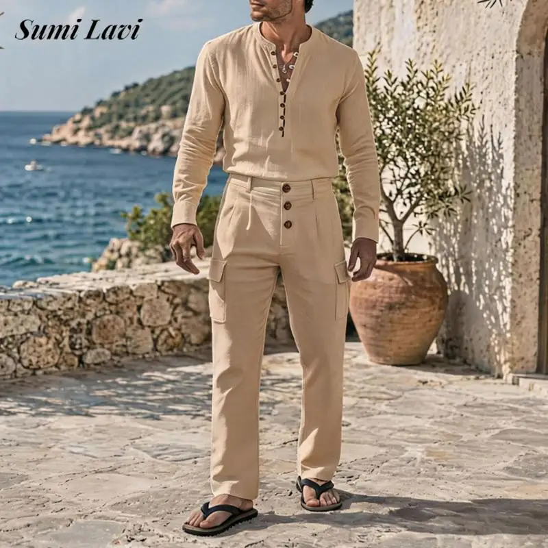 fashion-men-linen-two-piece-suits-autumn-henley-shirt-and-cargo-pants-long-sleeve-solid-color-daily-casual-mens-stylish-outfits