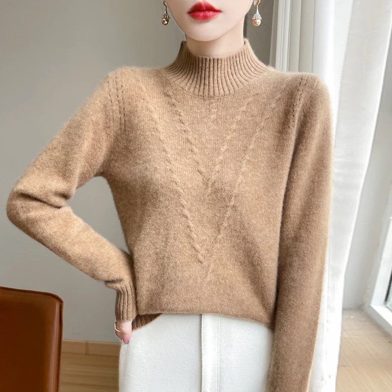 

Autumn and winter 100% pure wool women's semi-high collar new long-sleeved sweater thickened loose cashmere bottoming shirt.