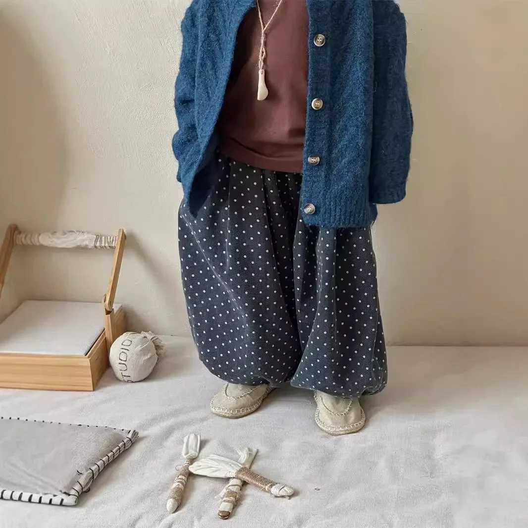 Girls Pants 2024 Autumn New Childrens Wear Korean Style Boys and Girls Polka Dot Cowboy Radish Bloomers Casual Simple Daily image 4