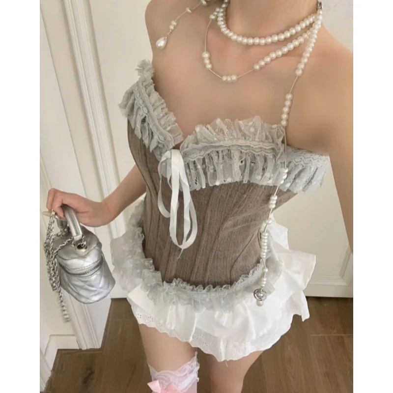 2025 New Japanese Summer New Splicing Lace Lace-up Waist Tube Top High Waist White Half-body Cake Skirt Two-piece Set For Women