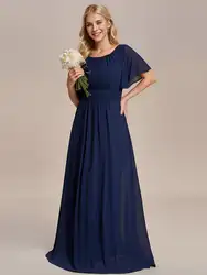 Vestido de noche plisado para dama de honor, traje elegante con escote redondo, línea A, color azul marino, 2024