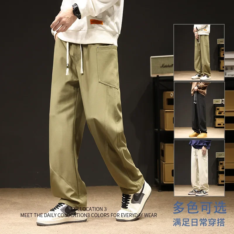 2024 New Spring Autumn Men's Sweatpants Multi-Pockets Wide Leg Casual Cargo Pants String Banding Loose Straight Trousers