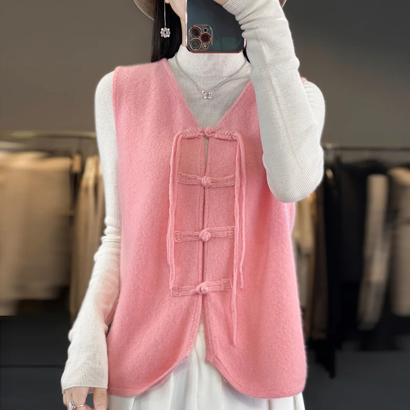 Autumn Winter New Chinese Style Vintage Plate Buckle 100 Pure Wool Vest Cardigan Women V-neck Solid Color Knitted Woolen Sweater