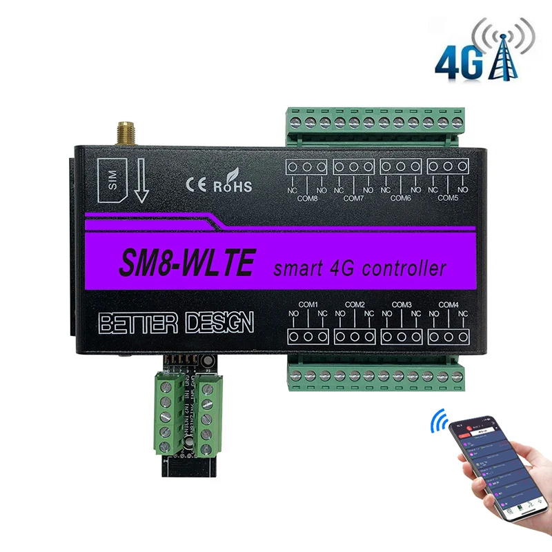 SMS GSM 4G LTE APP Web Remote Controller 8 Channel Relay Output Input SM8-WLTE Temperature Humidity Power Failure Alert