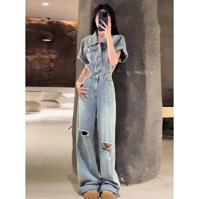 Chic Washed Distressed Ripped Blue Denim Jumpsuit For Women's New Summer Loose American Vintage Street Slim Wide-leg Overalls