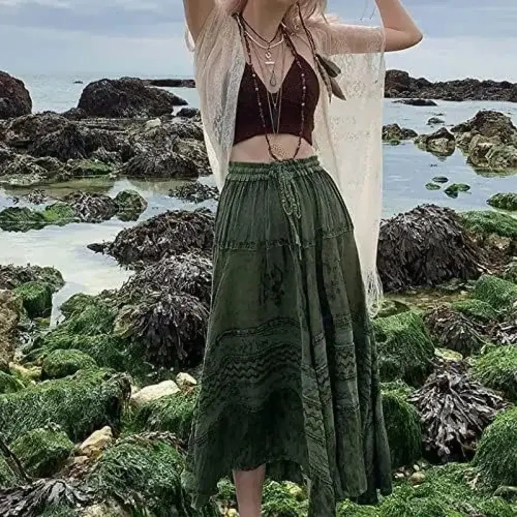 

Women's Silk Printed Skirt Large Swing Pleated Long Fashion Spring Summer New European American Style