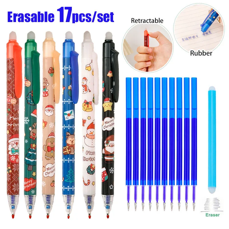 17pcs/set Ins Christmas Erasable Gel Pen with High Aesthetic Value, Holiday Stationery Gift, Bullet Head 0.5mm Blue Pen Core