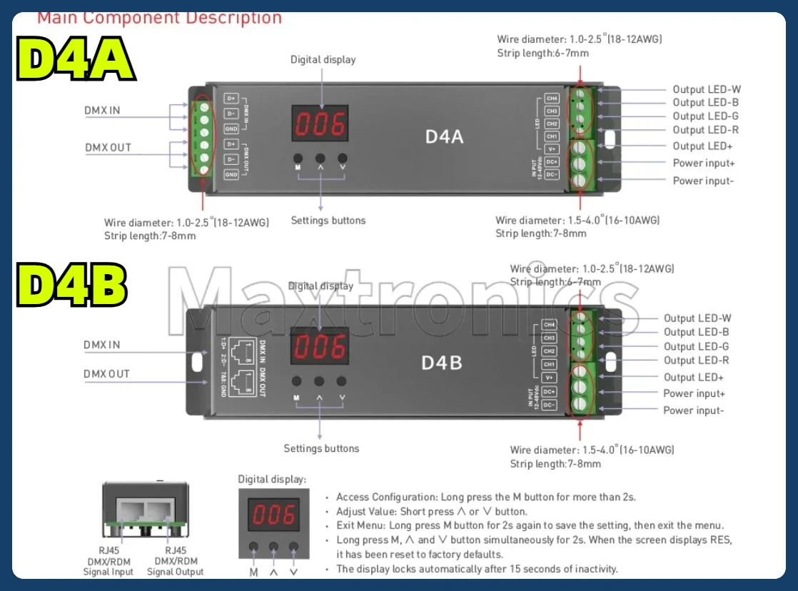 LTECH DMX/RDM Decoder DMX512 Slave Green Terminal/RJ45 Port 4 Channel CV Constant Voltage DC12-24V 6A/CH 24A(4CH) LCD Display
