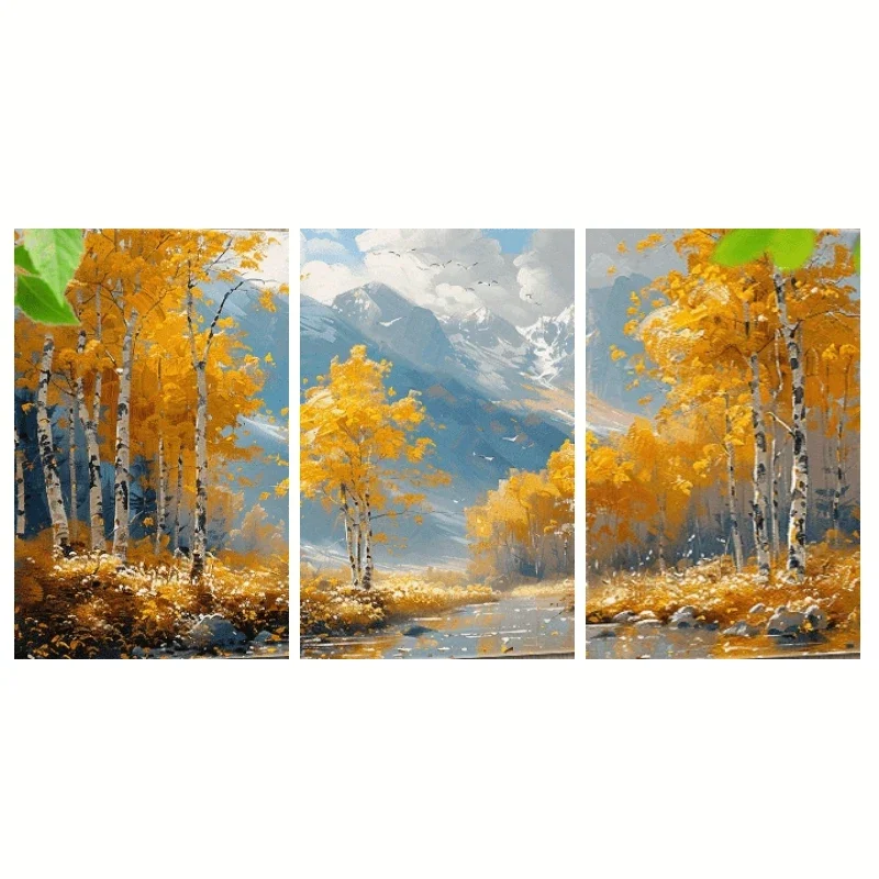 2D Flat, 2D Flat, 3pcs Modern Autumn Birch Forest Wall Art Prints, Birch Trees, Snowy Mountains And Stream, Frameless Print S