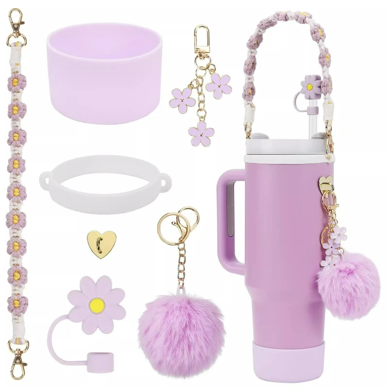 Cup decorative straw cap cup cover cup chain ins colored flower key pendant pom-pom pendant