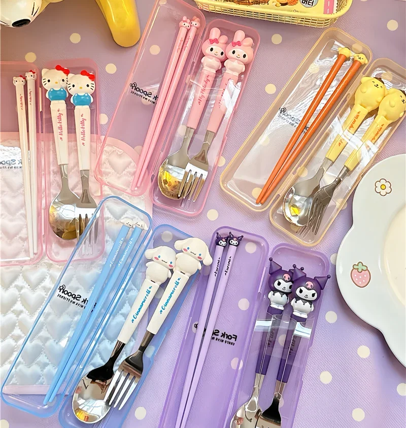 

3Pcs Sanria Tableware Set Anime Hello Kittys Kuromi Cartoon Kids Fork Spoon Chopsticks Dinnerware Set Portable Travel Cutlery