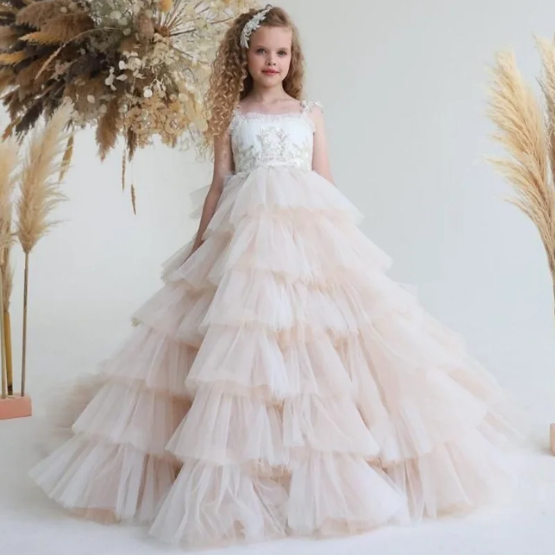 Light Pink Flower Girl Dresses Tulle Tiered White Top Appliques Sleeveless For Wedding Birthday Party Banquet Princess Gowns