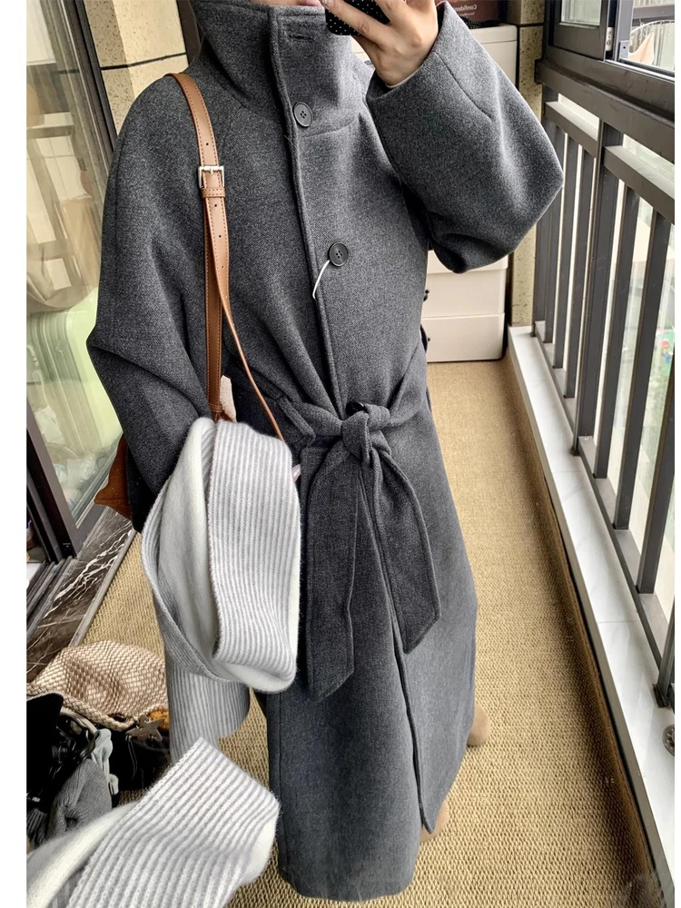 Ele doux col montant ceinturé femmes manteau 2025 hiver nouveauté trajet haut de gamme sensation Polyester longue Sve couleur Pure