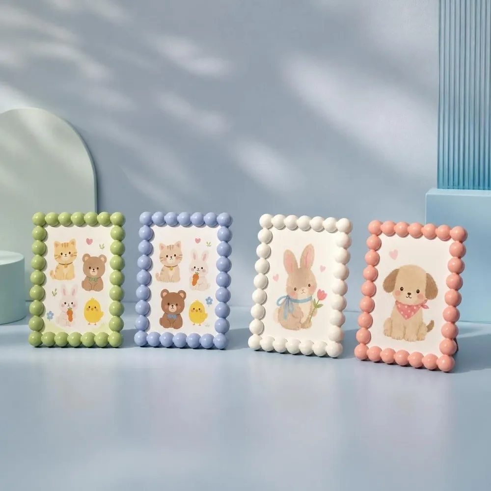 Modern Beaded Edge Picture Frame Round Bead Plastic Macaron Colors Tabletop Photo Display Photo Frame Stand Home Office Bedroom