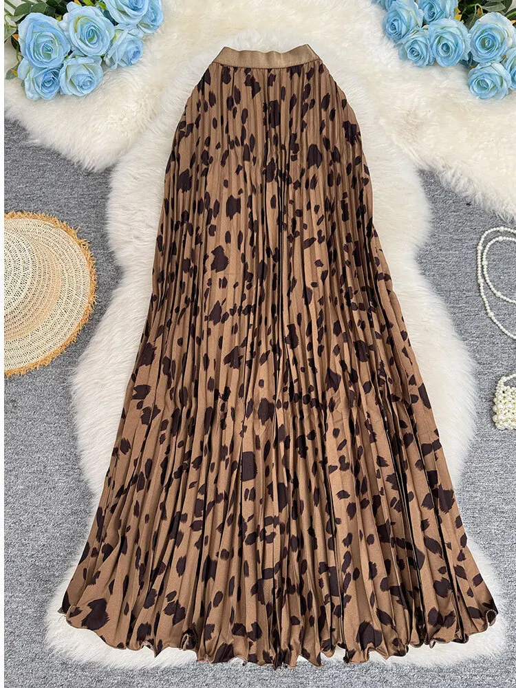 New 2026 Women Summer Leopard Print Pleated Skirt Female Elegant Versatile Casual Long Skirt