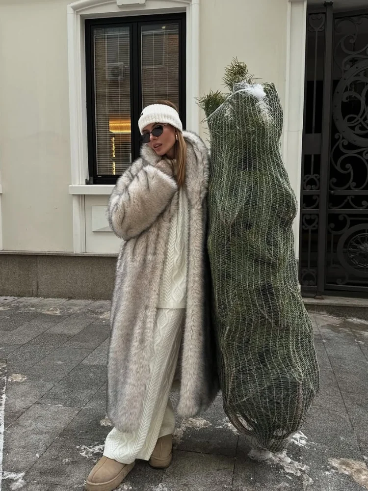 

Women Fashion Dyed Tips Faux Fur Coat Casual Full Sleeve Lapel Stand Collar Fluffy Long Outerwear Lady Winter Daily Street Coats