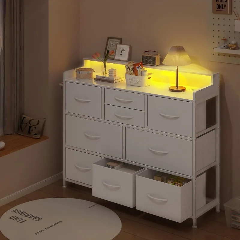 Dresser with Charging Station and LED Lights, Dresser for Bedroom TV Stand Dresser with 9 Drawers