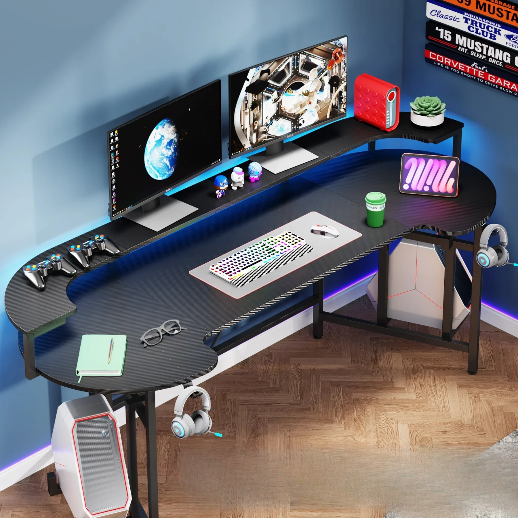 75 Inch LED Gaming Desk with Monitor Shelf Large Gamer Desk LED PC Computer Desk Ergonomic Gaming Table