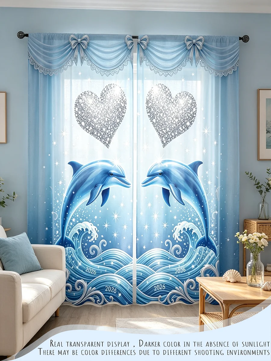 2PCS Digital Printed Curtains, Blue Dolphin Silver Diamond Heart Wave Print, Romantic Ocean Style for Bedroom Living Room Decor
