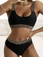 Bikini Sexy de cintura alta para mujer, traje de baño de corte alto, traje de baño acolchado para mujer, traje de baño sólido, ropa de playa de dos piezas, natación de verano