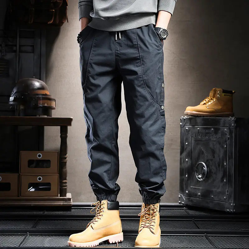 Boyfriend Vintage Bloomers Men's Clothing Solid Color Pockets Button High Waisted Elastic Casual Retro Cargo Trousers Pants