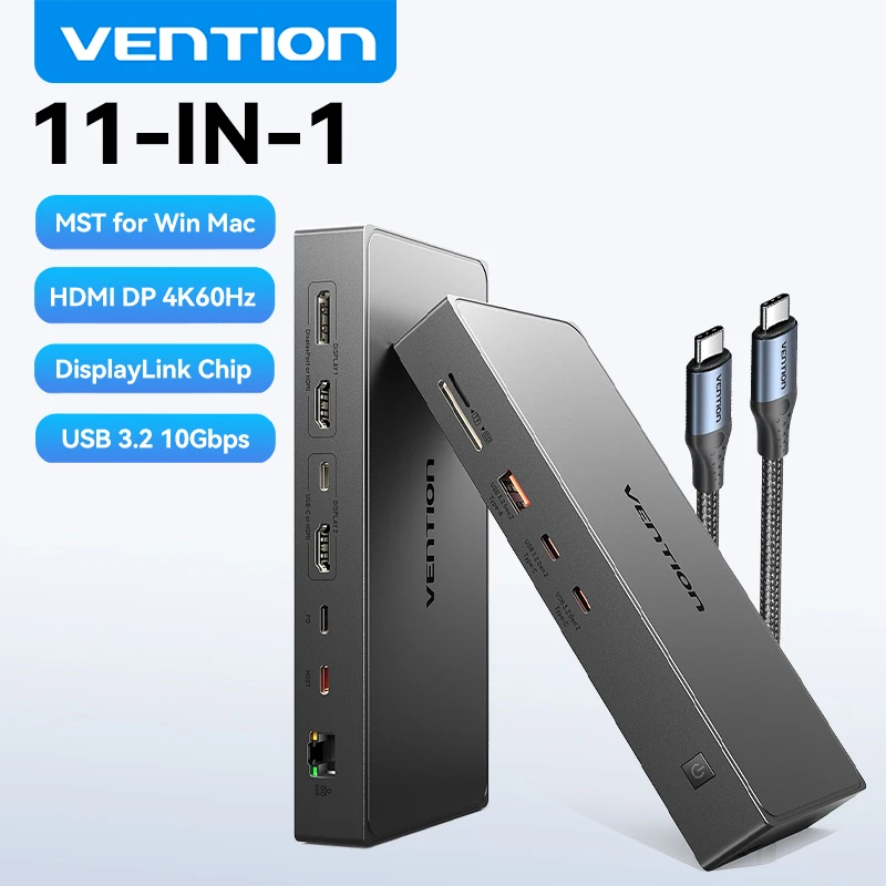

Док-станция Vention USB C DisplayLink 11 в 1, 4K при 60 Гц, HDMI, DisplayPort, MST, USB 3.2, HUB для MacBook M1 M2 M3, ноутбуков HP, Dell