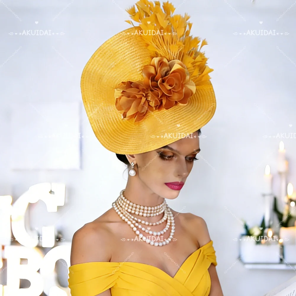 

Большая шляпа-волшебница в стиле дерби, женская королевская шляпа-таблетка Ascot, свадебная шляпа, желтый модный головной убор с цветком, вечерние шапки с перьями