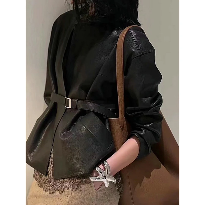 Women's Coat Autumn Real Sheepskin Litchi Stria Stand-Up Collar Belt Waist Closing Slim Short Fashion Cazadora De Cuero Mujer