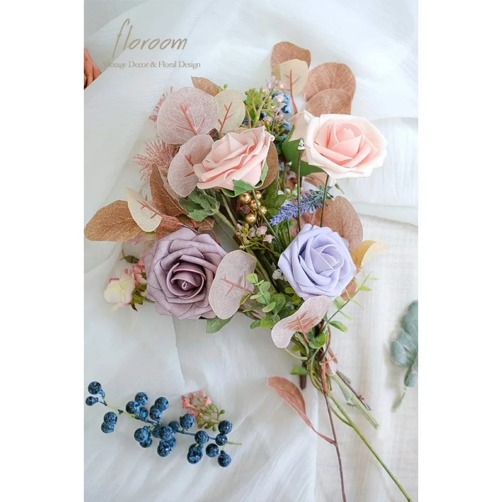 Floroom الزهور الاصطناعية 25 قطعة رغوة أحمر الخدود ذات المظهر الحقيقي الورود وهمية مع ينبع DIY بها بنفسك باقات الزفاف دش الزفاف #2