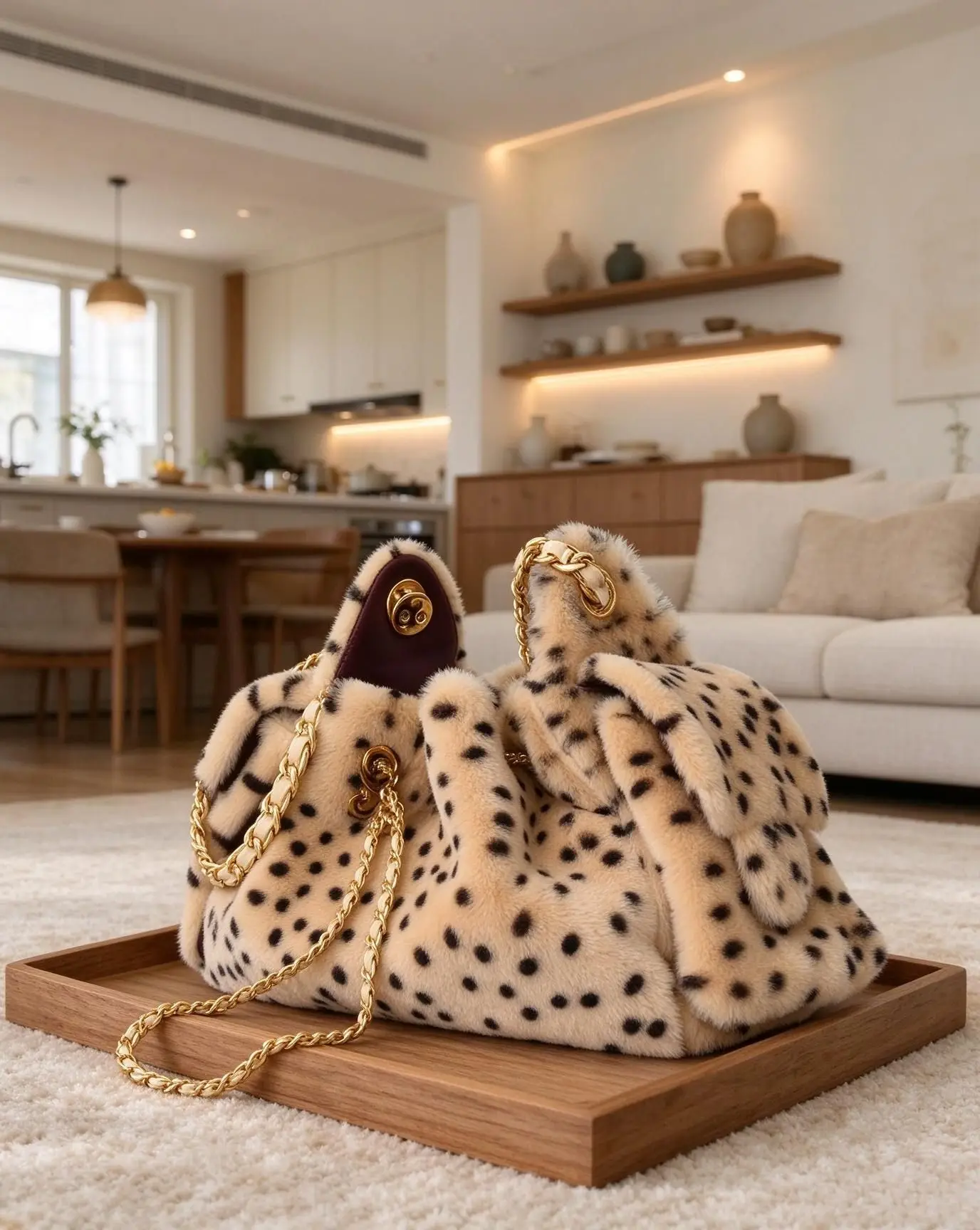 Unisex Plush Leopard Print Bucket Bag Soft Furry Drawstring Handbag Metal Chain Shoulder Crossbody Bag