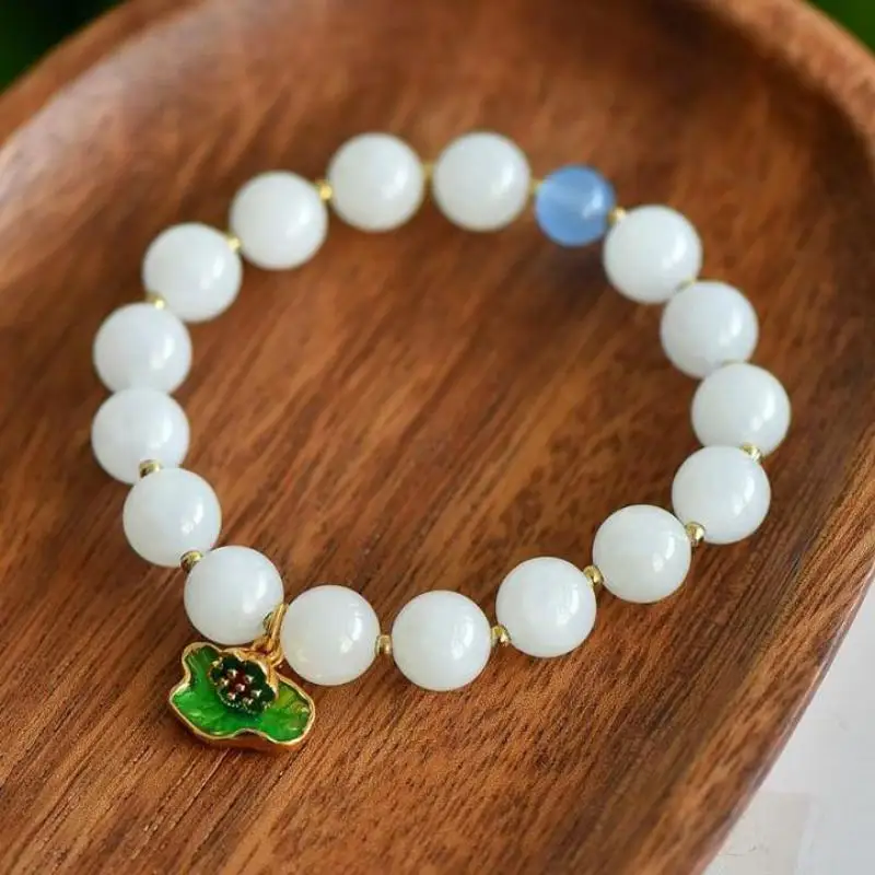 Natural Nephrite White Jade Bracelet Men Women Fine Jewelry Genuine Chinese Hetian Jade Green Enamel Lotus Flower Charm Bracelet