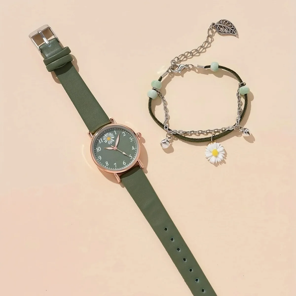 1pc Round Pointer Quartz Watch Cute Daisy Charm Electronic Wristwatch With PU Leather Strap & 1pc Bracelet, Best Gift For Her