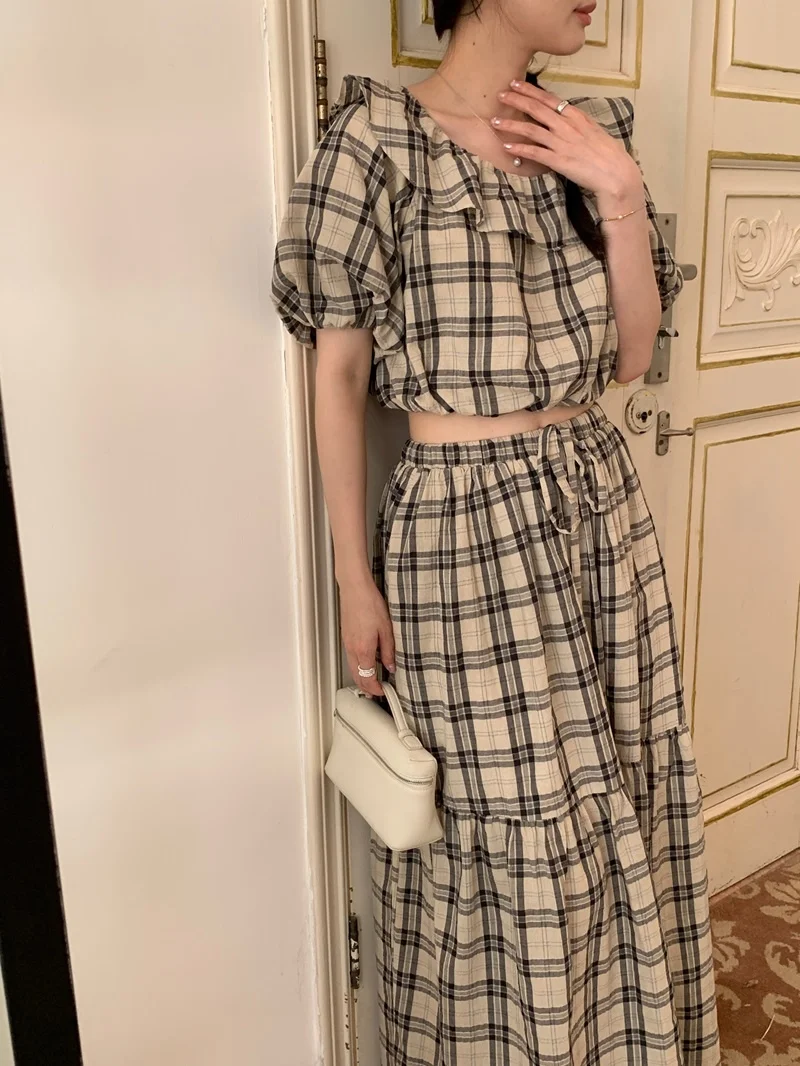 Alien Kitty Women Camping Suits Vintage Slim Slash Neck Summer 2025 Gentle Puff Sleeve Blouses High Waist Maxi Skirts Sweet