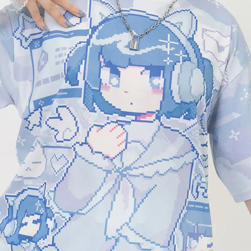 Harajuku Pixel Anime T-shirt, Light Blue, Featuring 8 Girl Characters in Full Print, Kawaii Decora for Adults and Children