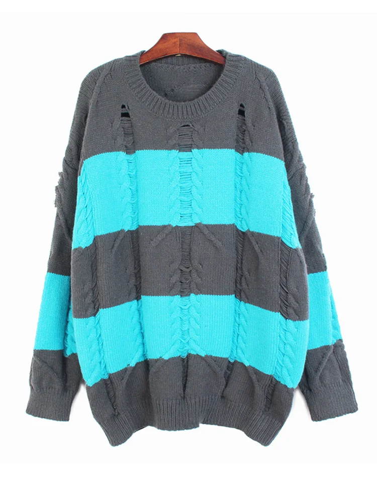 

Striped Holes Big Size Knitting Sweater Hooded Long Sleeve Women Pullovers New Fashion Tide Autumn Winter 2022 K061