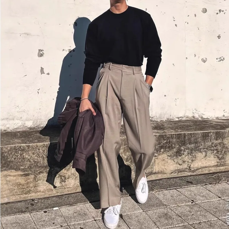 

Men's Mid-waist Trousers Men's Buckle Design Double-pleated Loose Straight-leg Gorger Trousers Non-ironing Casual Suit Pants