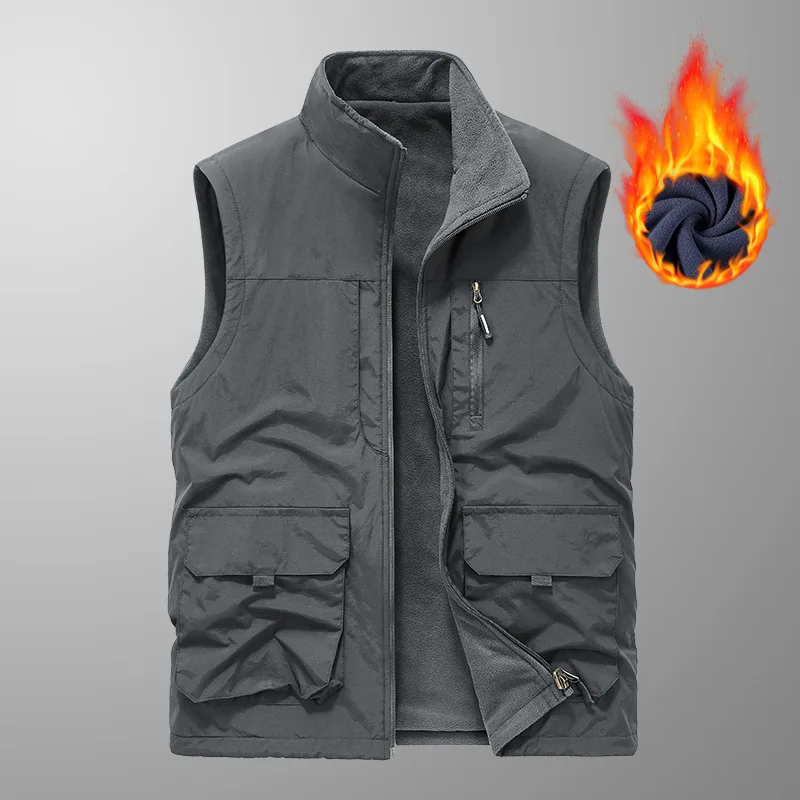 Autumn/Winter Reversible Vest Men's Casual Cargo Outerwear, Outdoor Multi-Pocket Fleece-Lined Thickened Sleeveless Jacket Top