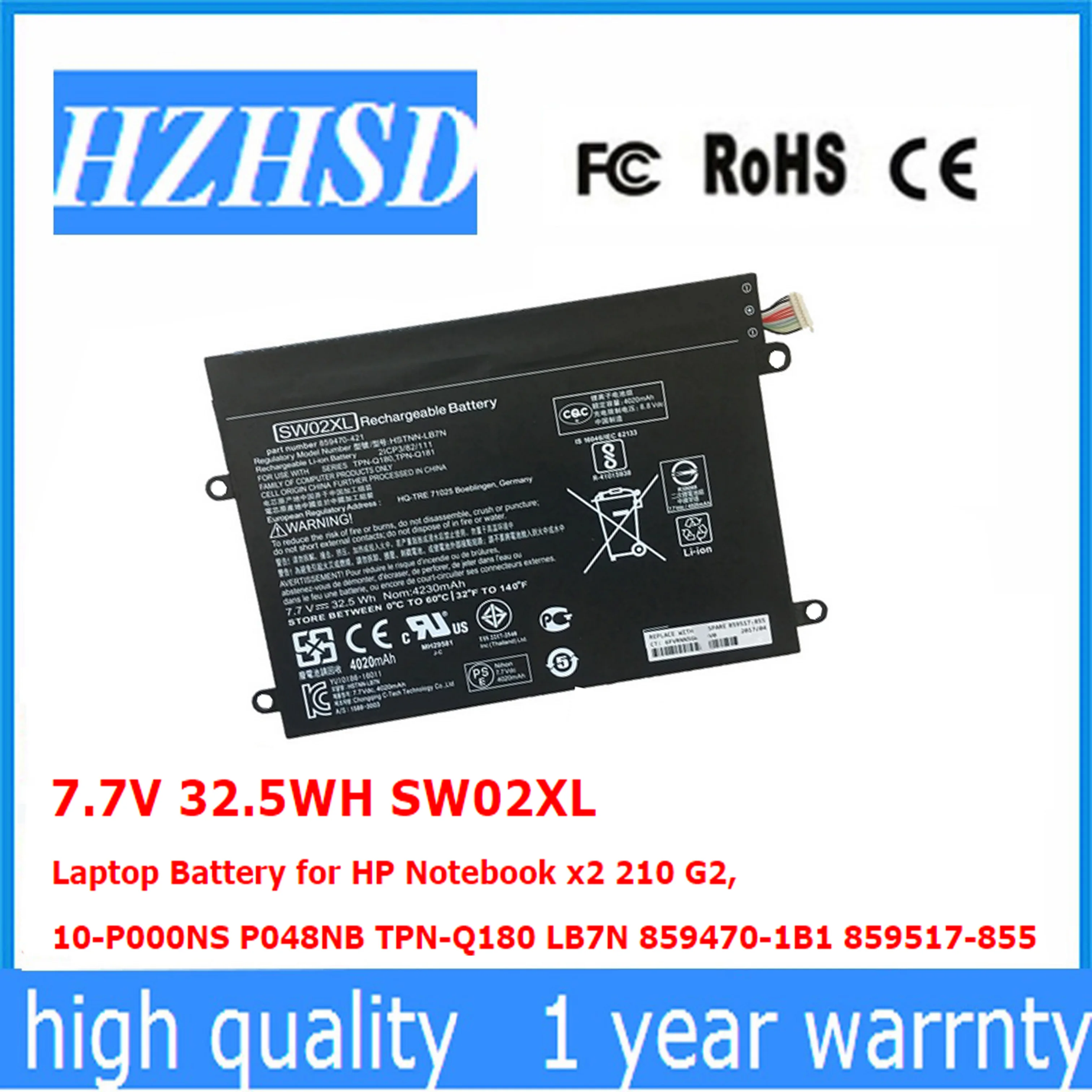 

7.7V 32.5WH SW02XL Laptop Battery for HP Notebook x2 210 G2 10-P000NS P048NB TPN-Q180 LB7N 859470-1B1 859517-855