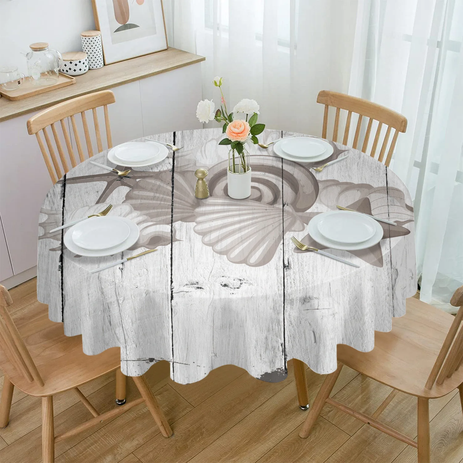 Wood Grain Retro Starfish Shell Tablecloths for Dining Table Waterproof Rectangular Table Cover for Kitchen Living Room