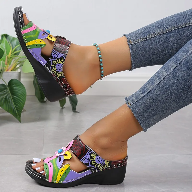 New national wind sandals female new summer color wedge totem 43 large size sandals female slides women flip flops