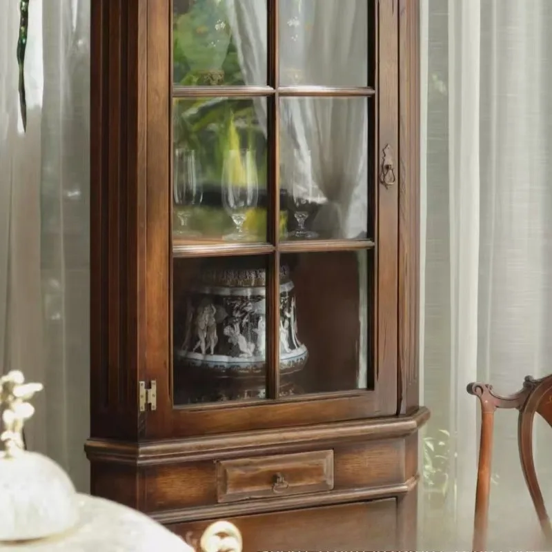 American retro solid wood corner cabinet storage glass door restaurant corner wall cabinet dust display wine cabinet